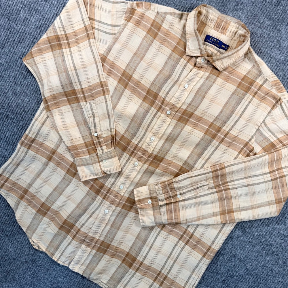 Polo Ralph Lauren Mens XXL Linen Button Down Tan Brown Plaid Long Sleeve Shirt